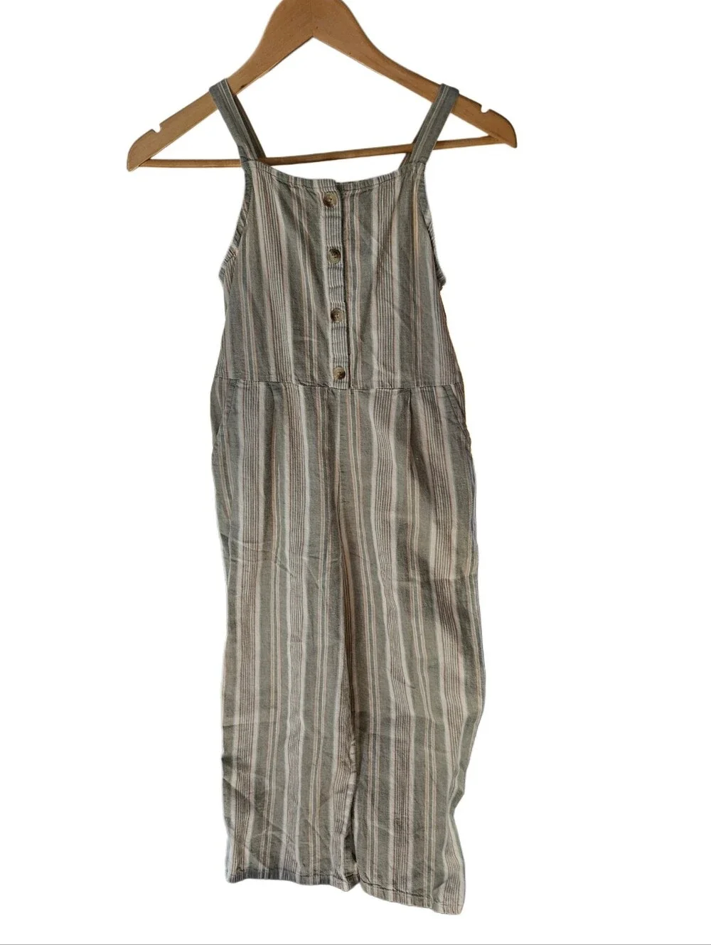 OshKosh B'gosh Girls Striped Jumpsuit Size 8 Olive Green Pink Boho Linen Blend